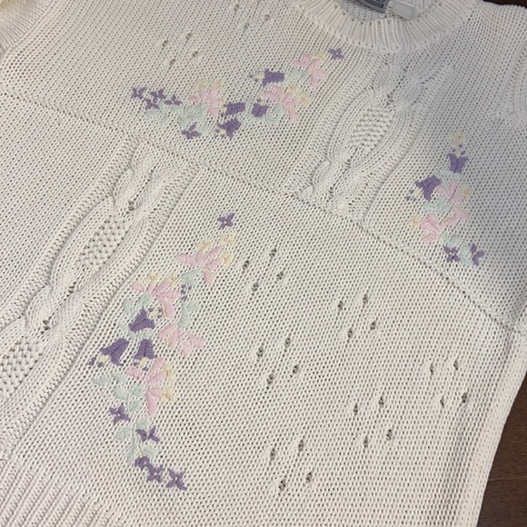 Vintage Pastel Floral Embroidered Cable Knit Crewneck Grandma Sweater - Picture 11 of 11
